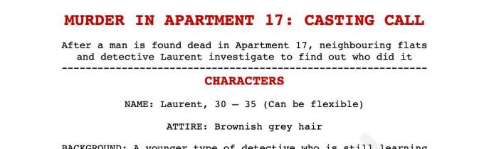 Job: "Murder In Apartment 17" - Male Actors Required!