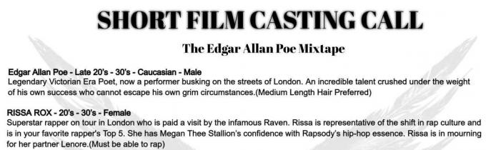 Job: "The Edgar Allan Poe Mixtape" - Male Actors Required!
